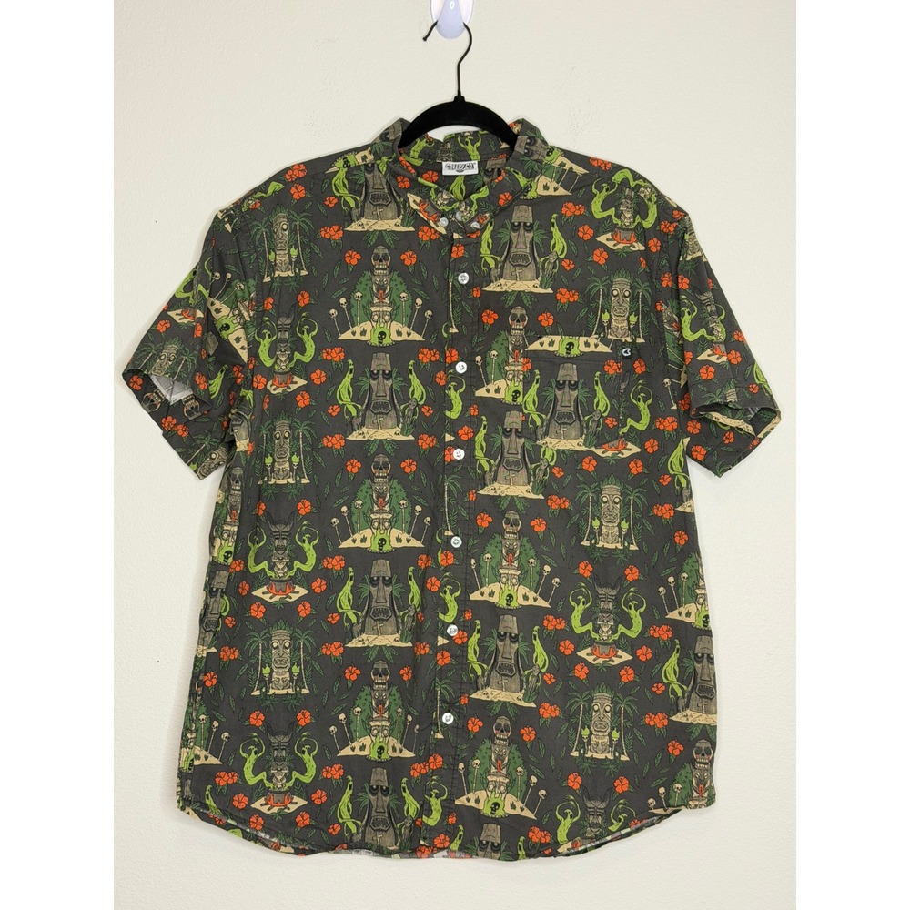 Creepy Co Tiki Ghost Skull Print Button Up Shirt Men's XL Grey Short Sleeve